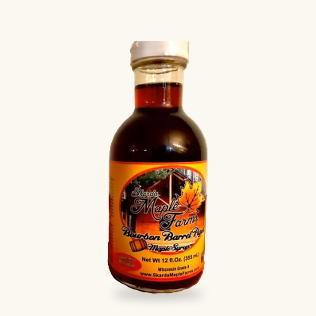12 oz bottle of Skarda Maple Farms bourbon barrel aged maple syrup