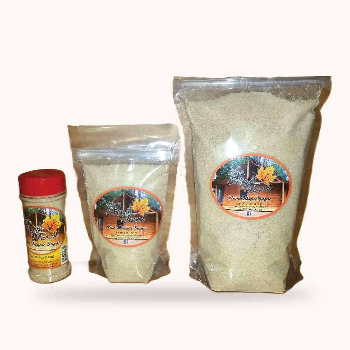 Skarda Maple Farms maple sugar: 4 oz shaker, 8 oz bag and 2 lb bag