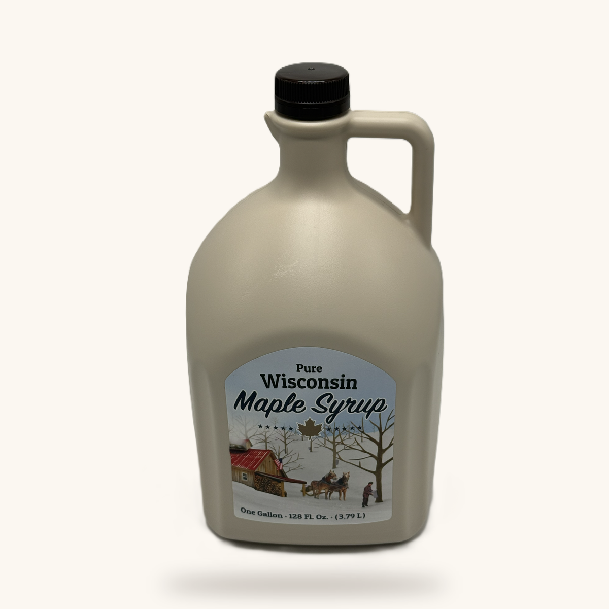 One gallon plastic jug of Skarda Maple Farms pure maple syrup