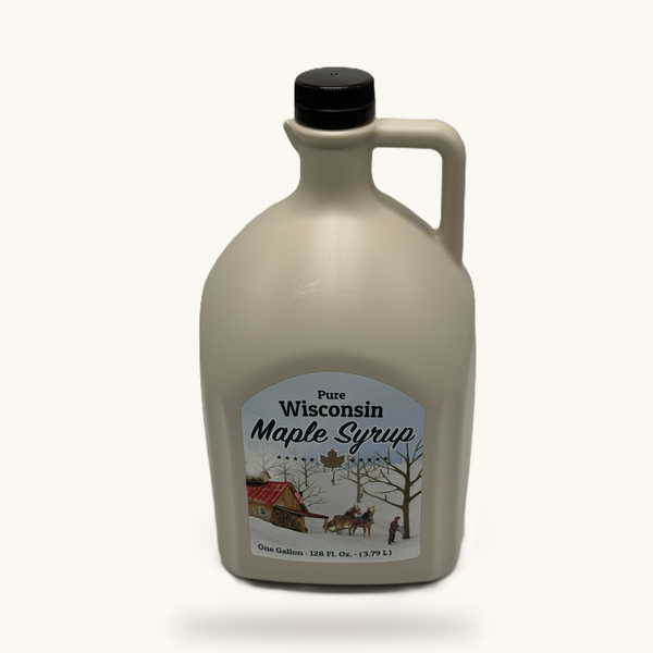 One gallon plastic jug of Skarda Maple Farms pure maple syrup
